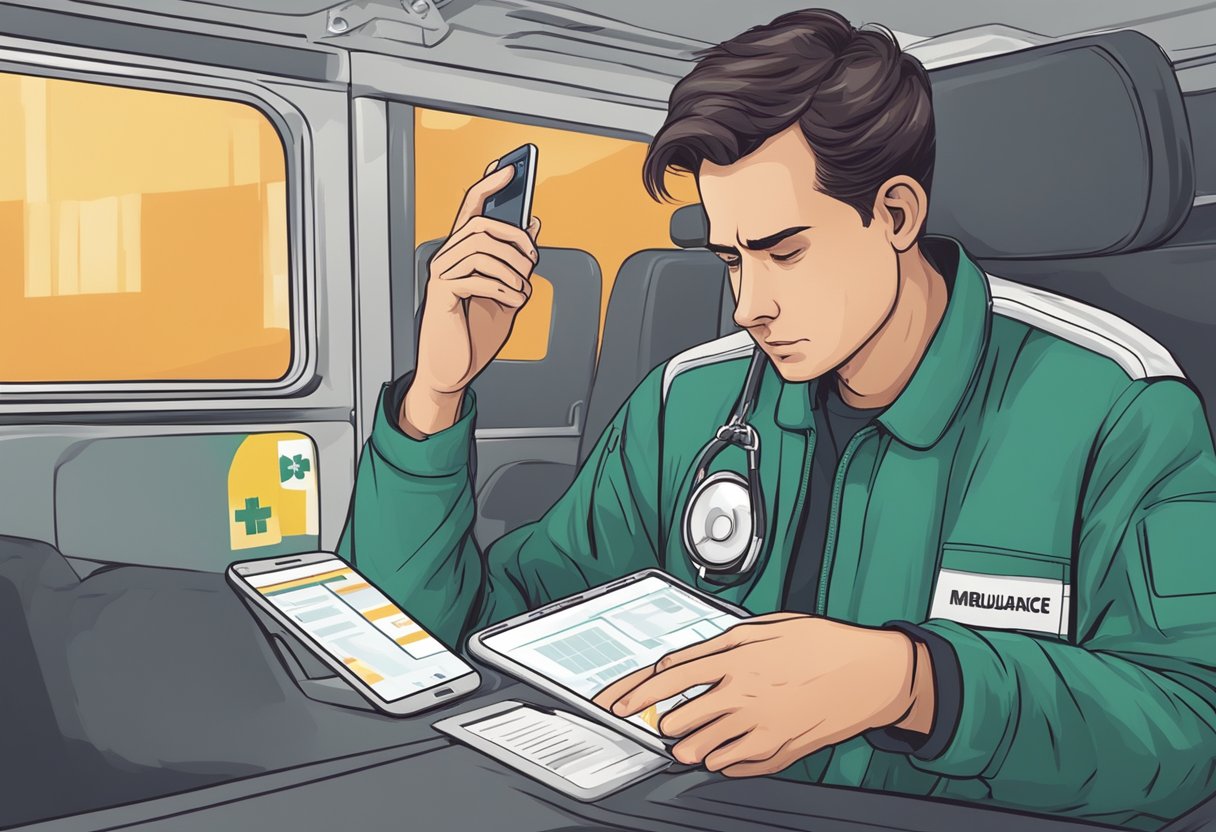 Uma pessoa procurando freneticamente no smartphone pelo número de emergência da ambulância, com uma expressão preocupada no rosto.