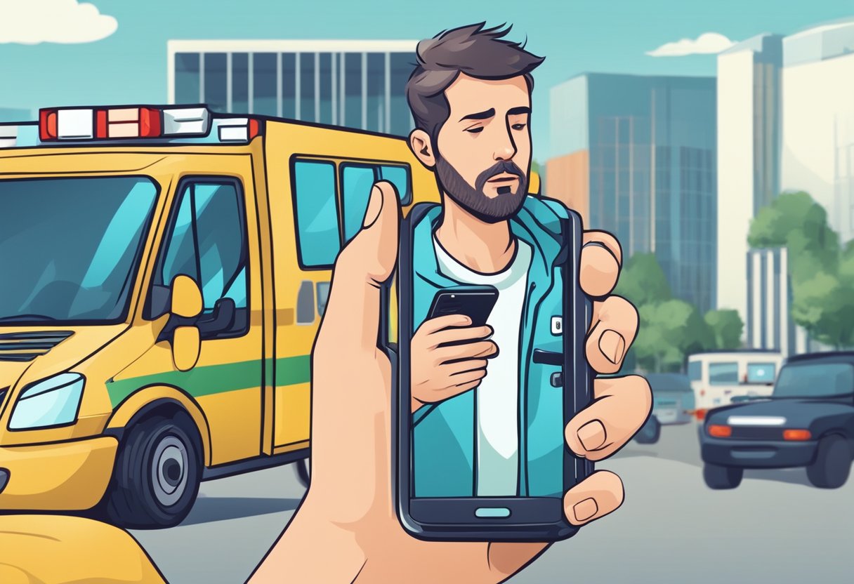 Uma pessoa procurando freneticamente no smartphone pelo número de emergência da ambulância, com um semblante de urgência e preocupação.