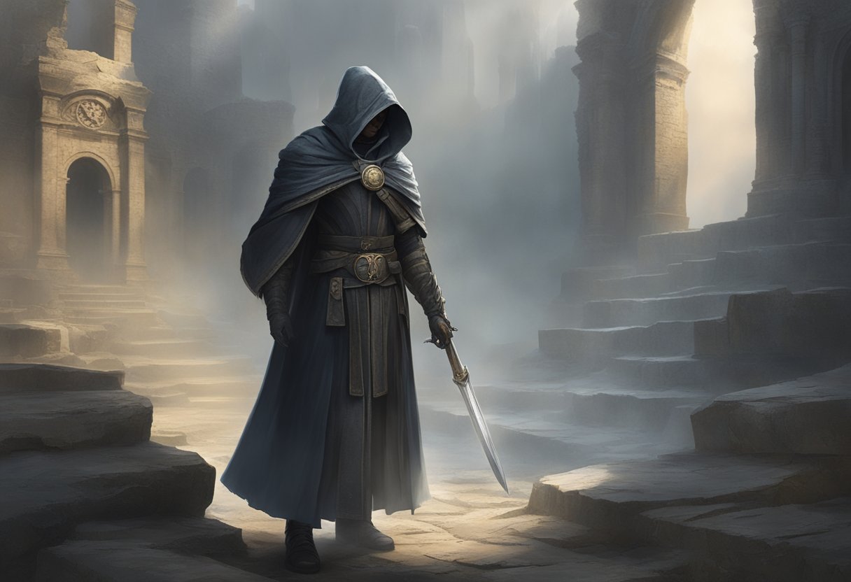 The inquisitor stood alone in the ancient ruins, surrounded by swirling mist and eerie silence. A tattered cloak billowed in the wind as they searched for clues