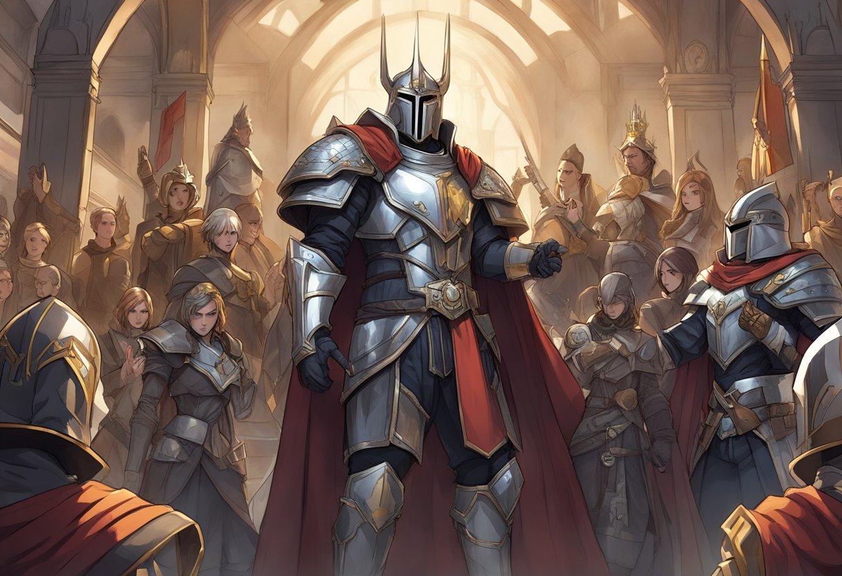 A group of cosplayers gather around a towering figure in elaborate armor, cheering and applauding as the Inquisitor rises to prominence in the cosplay community