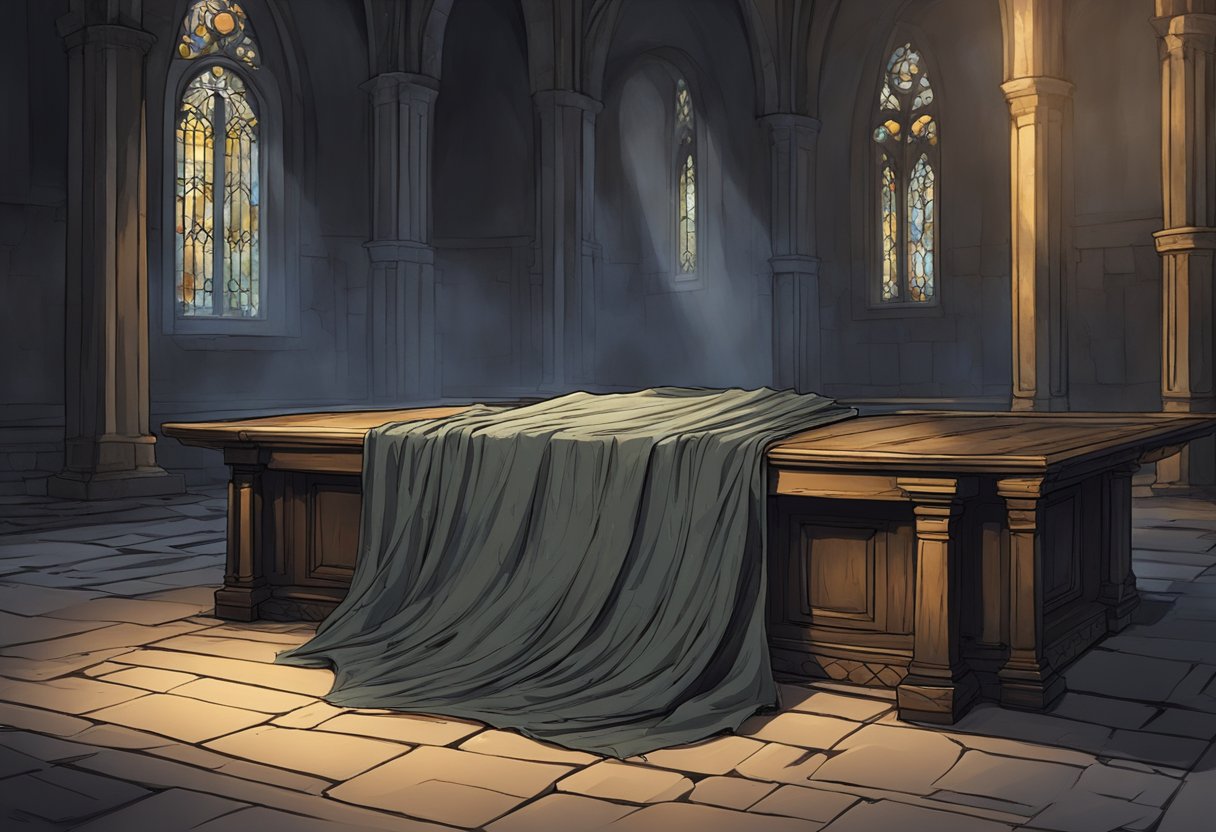 The inquisitor's abandoned cloak lies tattered and stained in the dimly lit chamber, a symbol of the tragic choices made