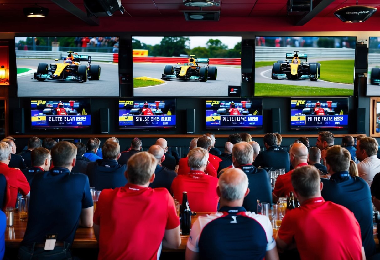 En överfull sportbar med flera TV-skärmar som visar ett live F1-lopp, med svenska F1-kommentatorers röster hörda över högtalarna