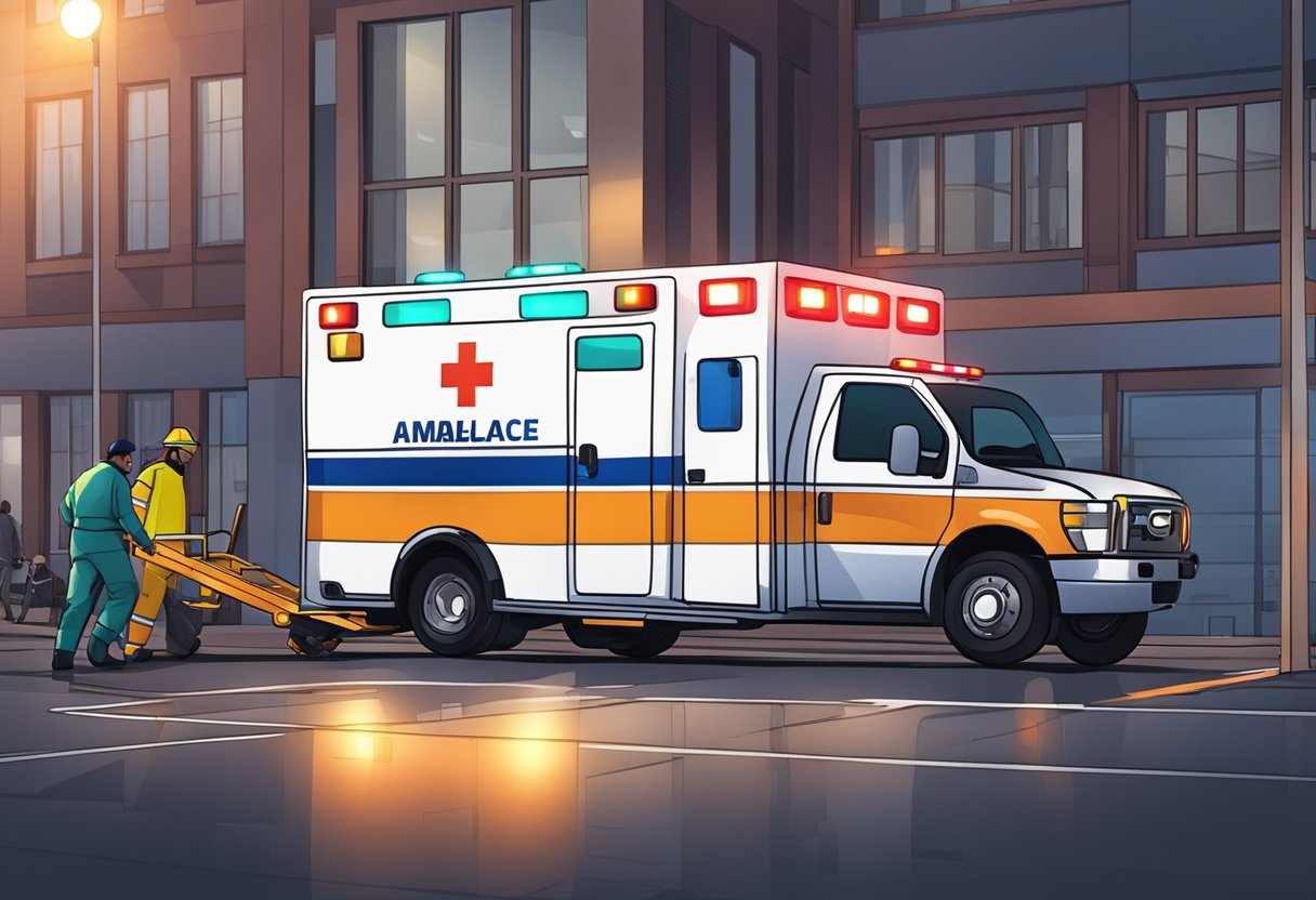 Remoção de Ambulância: Processo Eficiente e Seguro 1 Uma ambulância estacionou do lado de fora de um prédio, com paramédicos carregando uma maca na parte de trás. Luzes piscam no veículo.