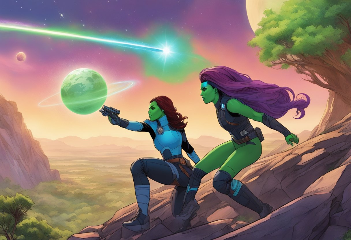 Gamora battles her sister Nebula on a rocky planet, surrounded by lush greenery and a bright blue sky