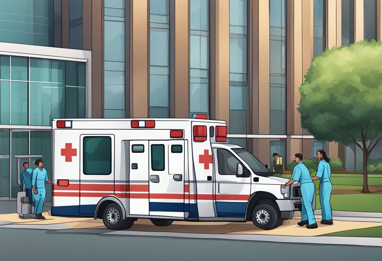 Remoção de Ambulância: Processo Eficiente e Seguro 3 Uma ambulância estacionada do lado de fora de um hospital, com profissionais de saúde carregando um paciente em uma maca.
