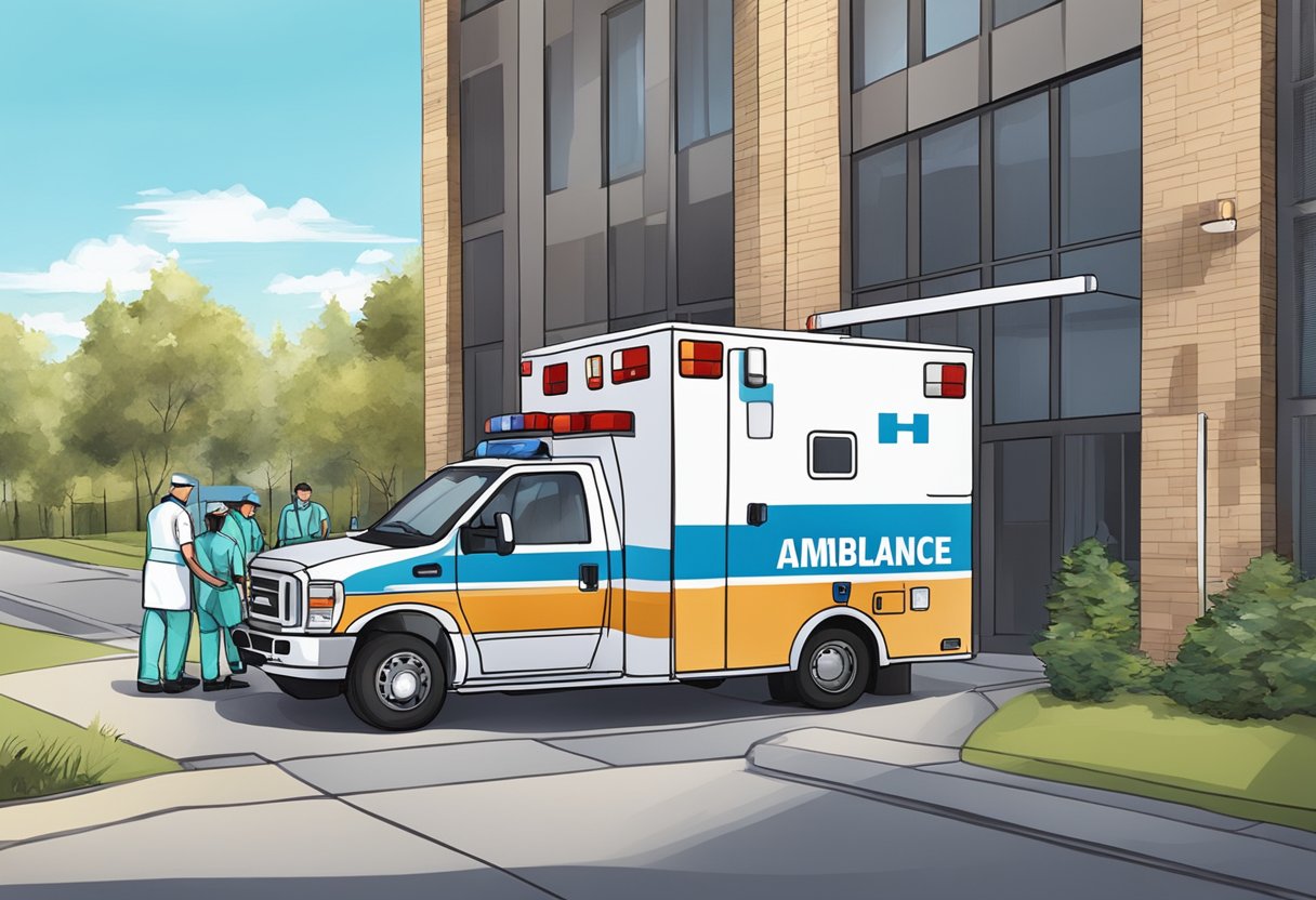 Remoção de Ambulância: Processo Eficiente e Seguro 5 Uma ambulância estacionada do lado de fora de um prédio, com pessoal médico ajudando um paciente em uma maca.