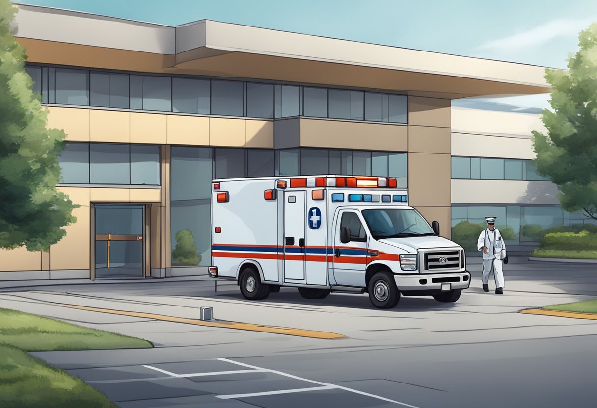 Remoção de Ambulância: Processo Eficiente e Seguro 6 Uma ambulância estacionada do lado de fora de um hospital, com um paramédico carregando uma maca em direção ao veículo.