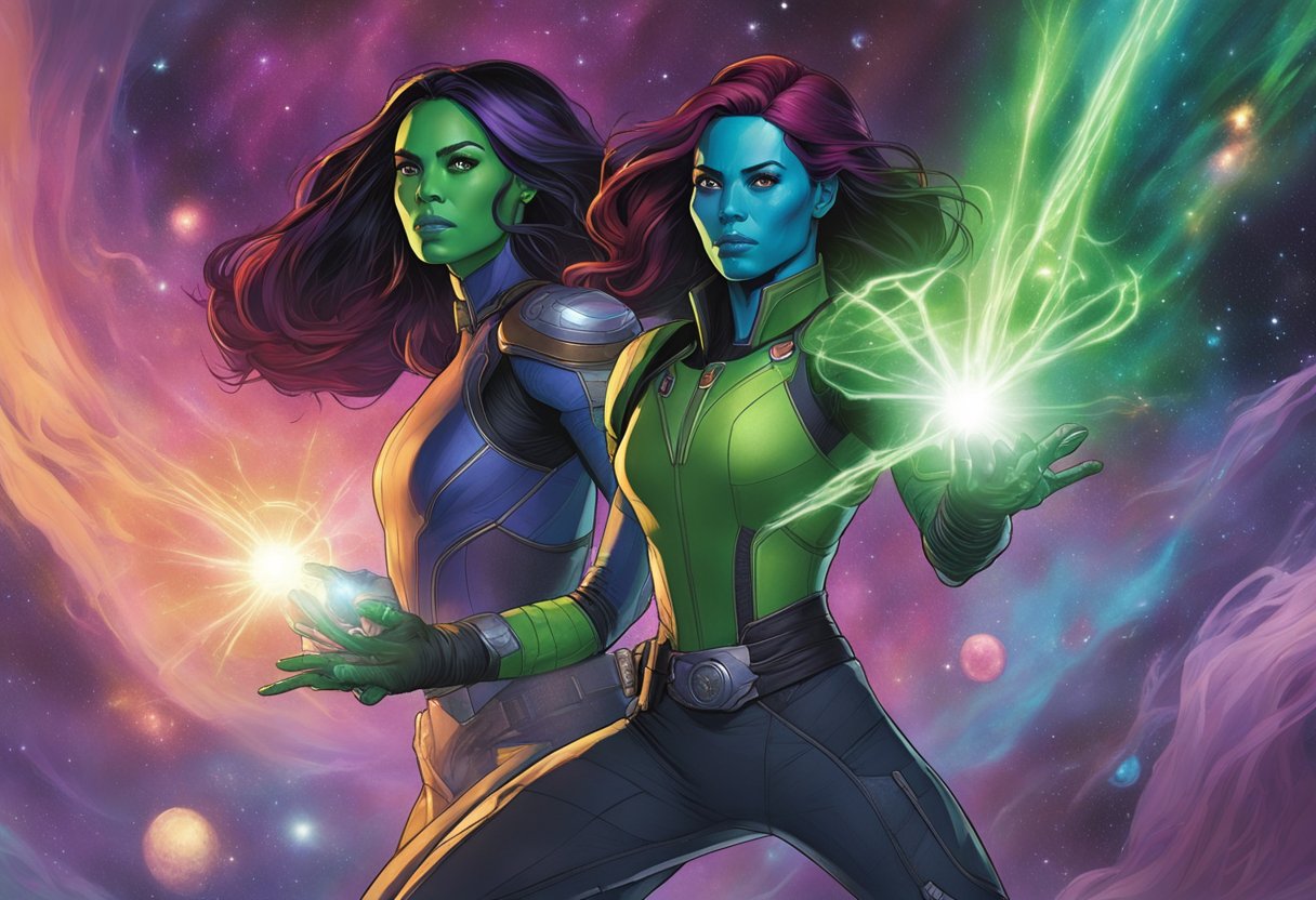 A tense confrontation between Gamora and her sister Nebula, amidst a backdrop of swirling cosmic energy