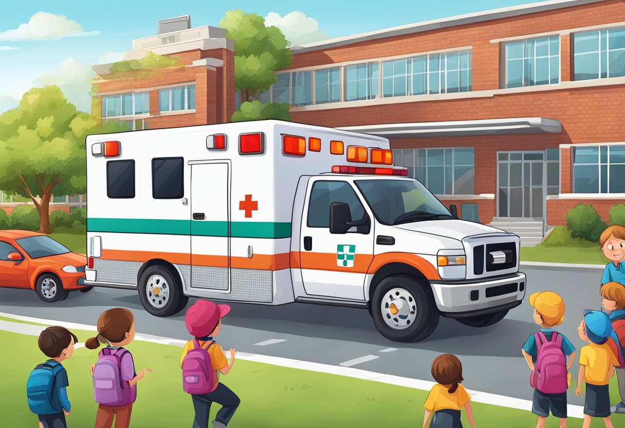 Remoção de Ambulância: Processo Eficiente e Seguro 8 Uma ambulância estacionada do lado de fora de uma escola, com um grupo de crianças e um professor aprendendo sobre prevenção de acidentes e educação em segurança.