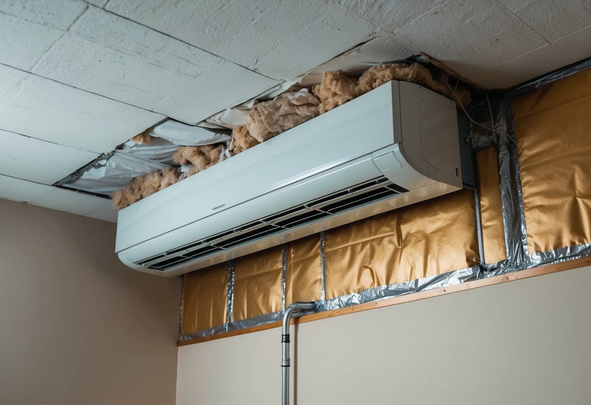 The insulation is falling apart, and the air conditioning trunking is leaking, causing a messy and inefficient environment