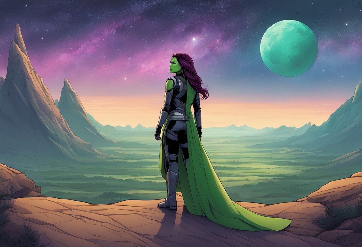 Gamora stands alone in a vast, otherworldly landscape, gazing at the stars with a look of contemplation and determination