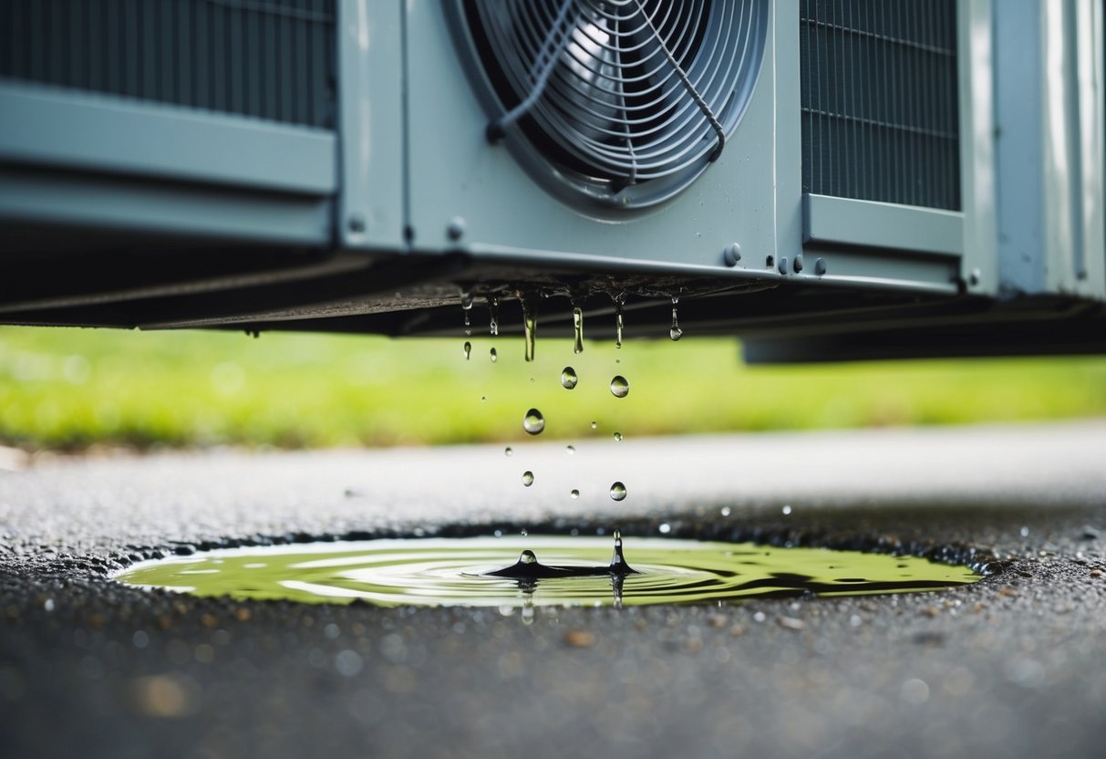 A puddle forms beneath a section of exposed air conditioning trunking, with droplets slowly dripping from the leak onto the ground