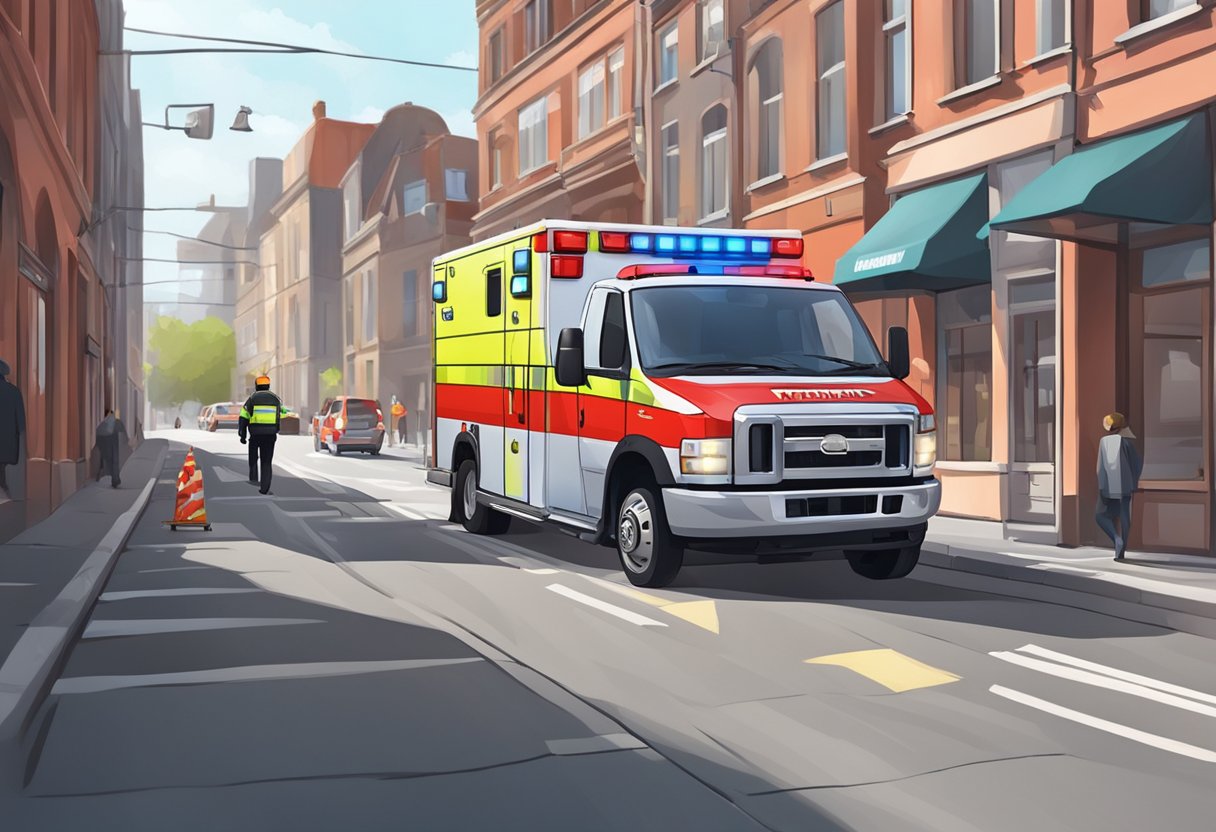 Uma ambulância vermelha brilhante com luzes piscando e uma maca sendo carregada na parte de trás por paramédicos