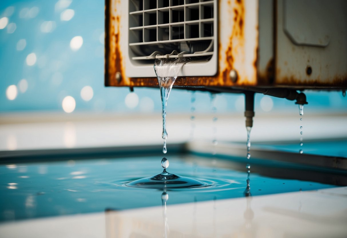 Water drips from a rusted air conditioning trunking onto a clear trap floor