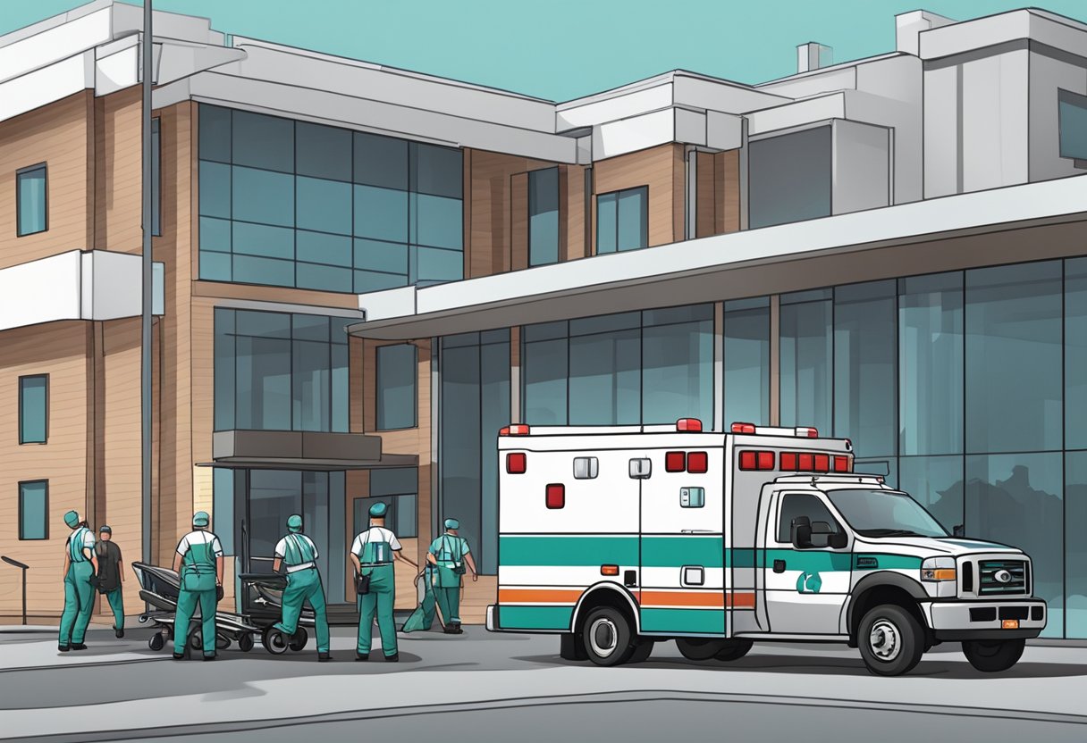 Uma ambulância estacionada do lado de fora de um hospital, com paramédicos carregando uma maca na parte de trás.