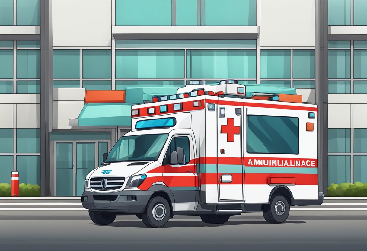 Uma ambulância com equipamentos médicos e macas estacionada em frente a um hospital