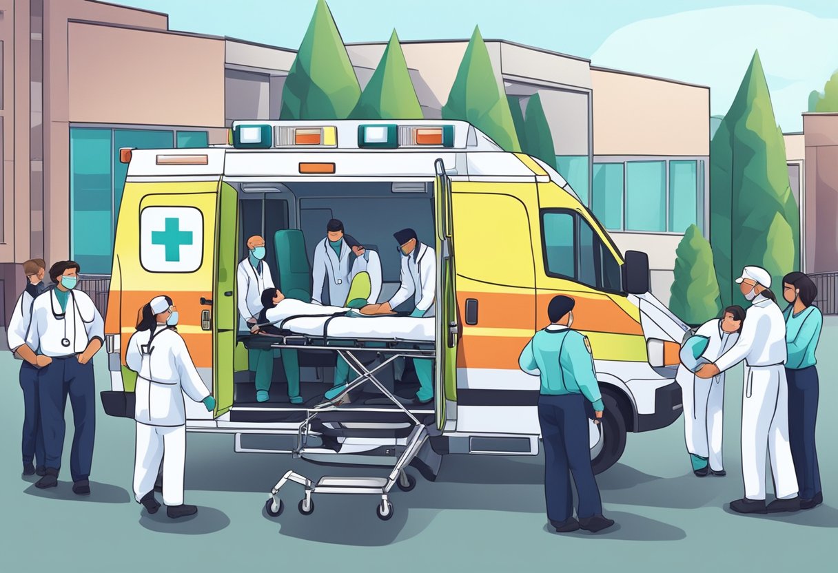 Uma equipe médica e profissionais removendo um paciente de uma ambulância