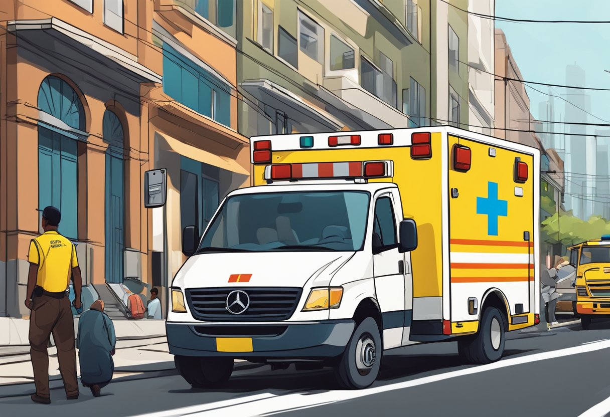 Uma ambulância sendo carregada em um guincho em uma rua urbana movimentada no Brasil