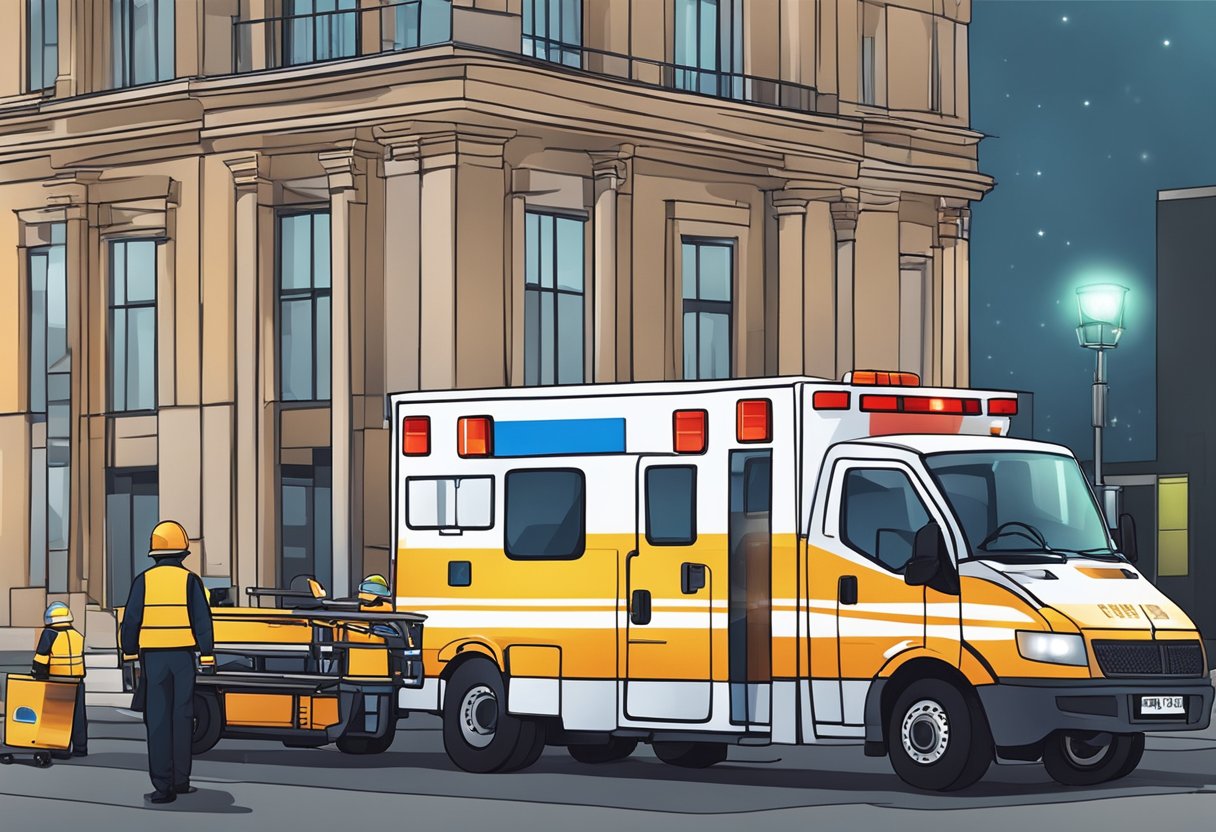 Remoção de Ambulância: Procedimentos Essenciais e Normas de Segurança 2 Uma ambulância estacionada do lado de fora de um prédio com suas luzes piscando, uma maca sendo carregada no veículo por dois paramédicos.