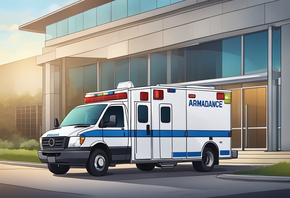 Remoção de Ambulância: Procedimentos Essenciais e Normas de Segurança 6 Uma ambulância estacionada do lado de fora de uma unidade médica, com paramédicos carregando uma maca no veículo para transporte.