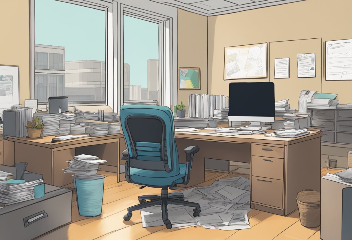 Linda's empty office, with scattered files and a turned-over chair. A photo of her and Danny on the desk