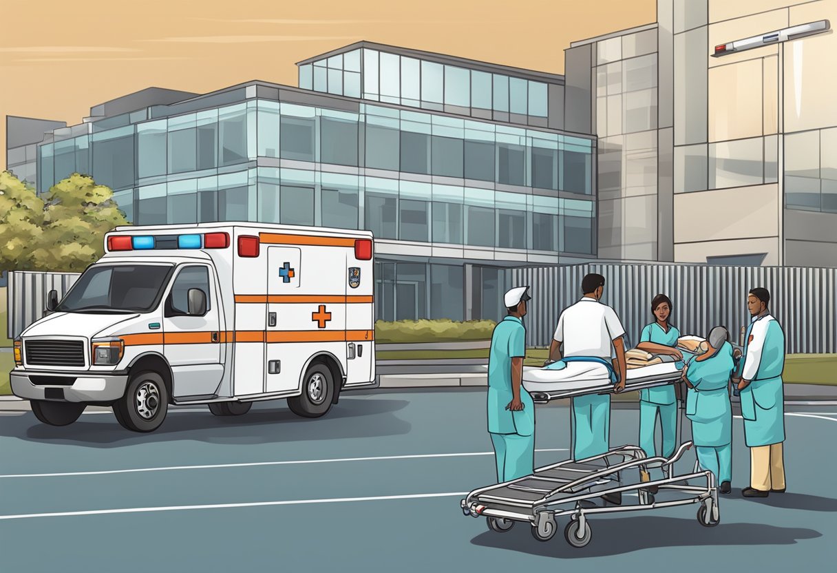 Remoção de Ambulância: Procedimentos Essenciais e Normas de Segurança 8 Uma ambulância estacionada do lado de fora de um hospital, com a equipe médica ajudando um paciente a entrar em uma maca.