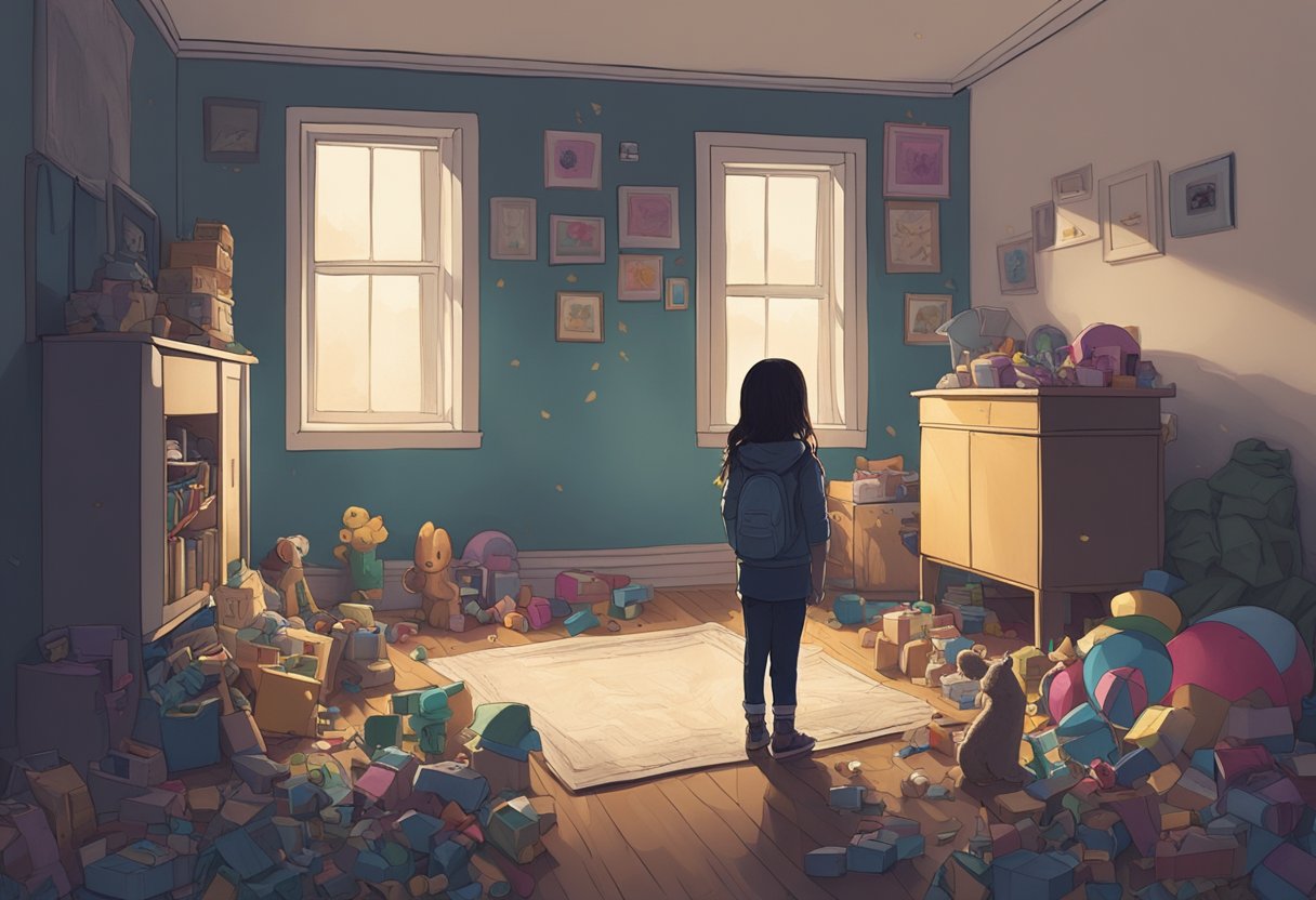 A somber figure standing alone in a dimly lit room, surrounded by scattered toys and a photograph of a young girl