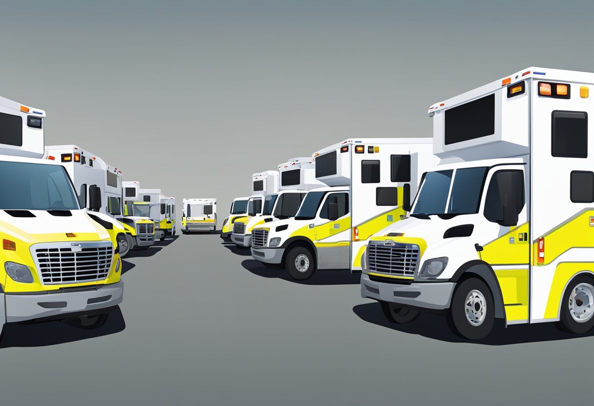 Uma frota de ambulâncias de UTI móvel totalmente equipadas estacionadas em fila, prontas para resposta a emergências.