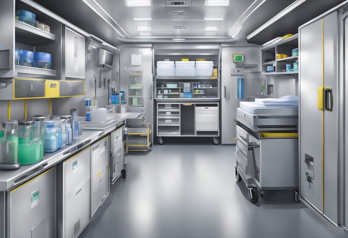 Uma ambulância de UTI móvel totalmente equipada, com equipamentos e suprimentos médicos organizados de forma ordenada em armários e fixados nas paredes.
