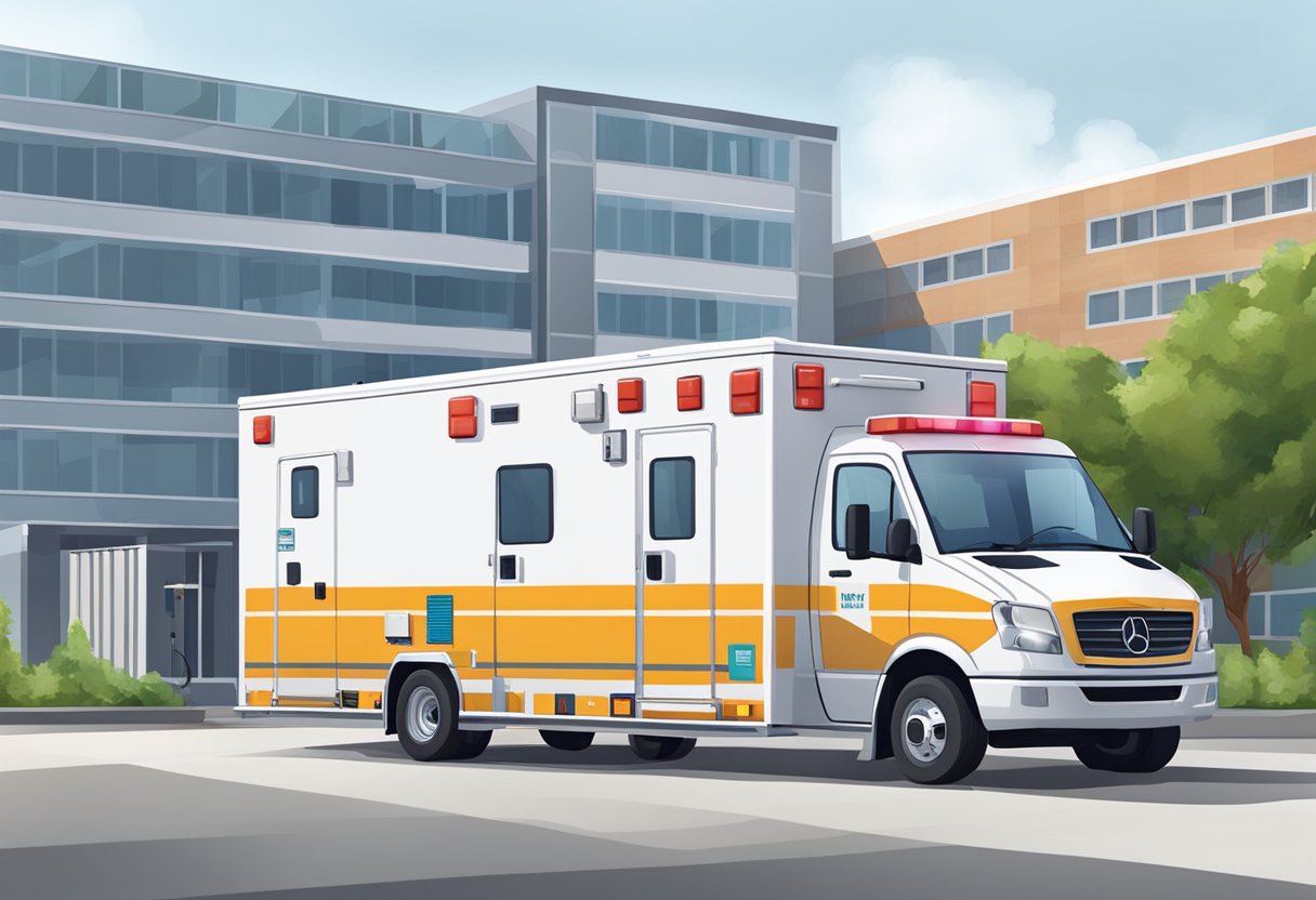 Uma ambulância de UTI móvel totalmente equipada estacionada do lado de fora de um hospital