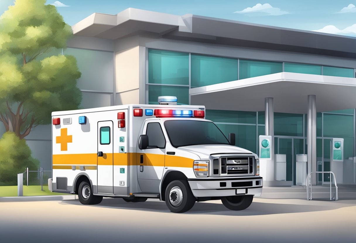 Uma ambulância com equipamento completo de UTI móvel estacionada do lado de fora de uma instalação médica