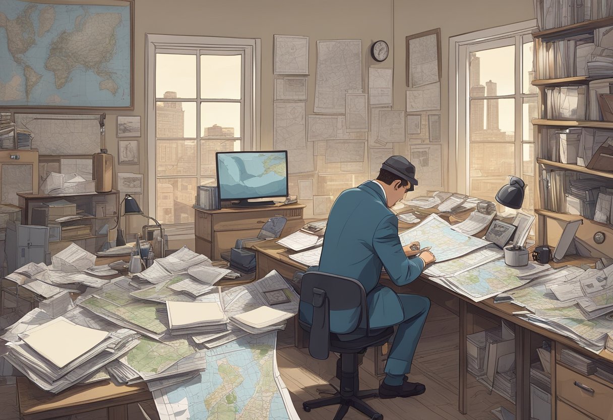 A detective examining a cluttered desk with scattered papers and photos. A map of the city is pinned to the wall, with strings connecting various locations