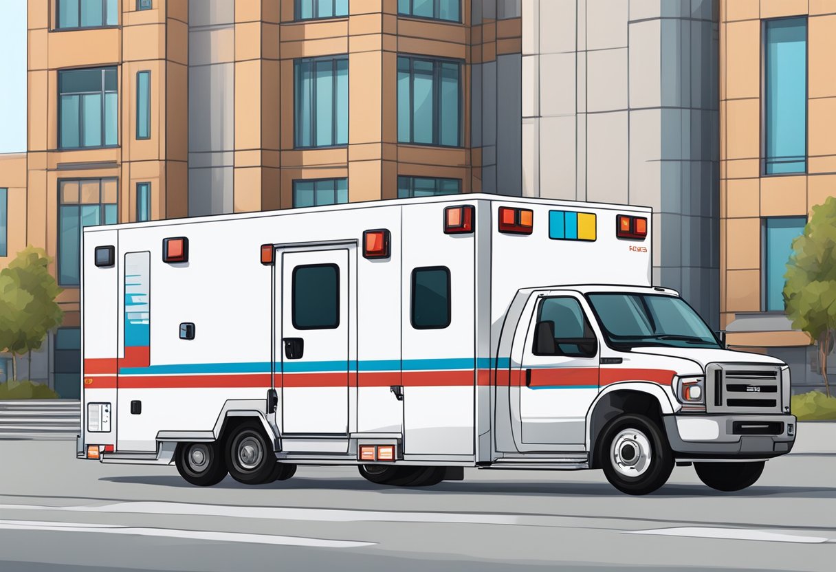 Uma ambulância de UTI móvel totalmente equipada estacionada do lado de fora de um hospital