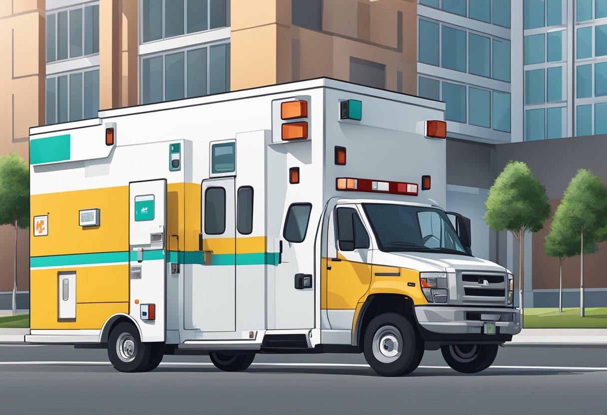 Uma ambulância de UTI móvel totalmente equipada estacionada do lado de fora de um hospital