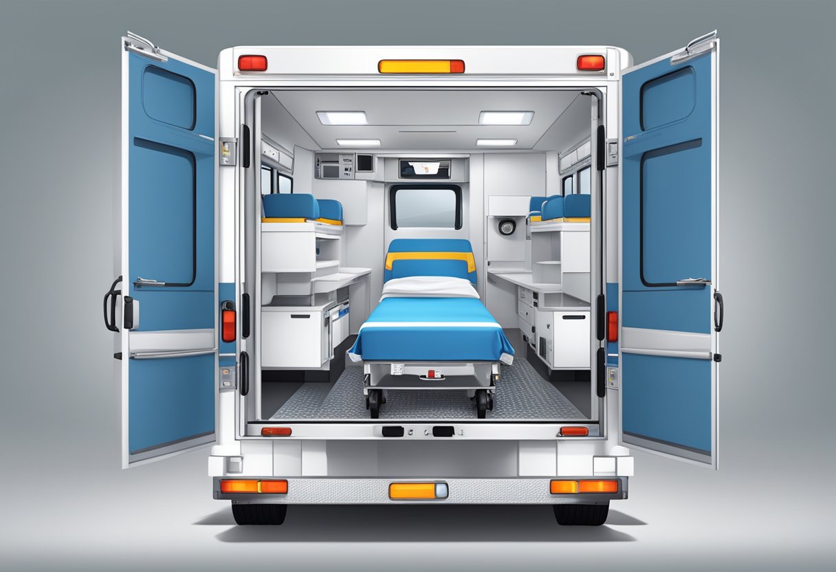 Uma ambulância de UTI móvel totalmente equipada estacionada de forma segura, transmitindo segurança e confiabilidade.