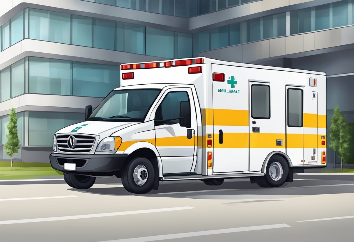 Uma ambulância de UTI móvel totalmente equipada estacionada do lado de fora de um hospital, pronta para transporte de emergência.