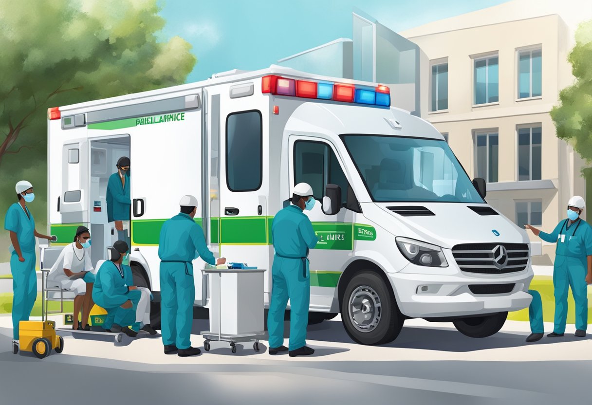 Uma equipe especializada atendendo a uma ambulância de UTI móvel totalmente equipada