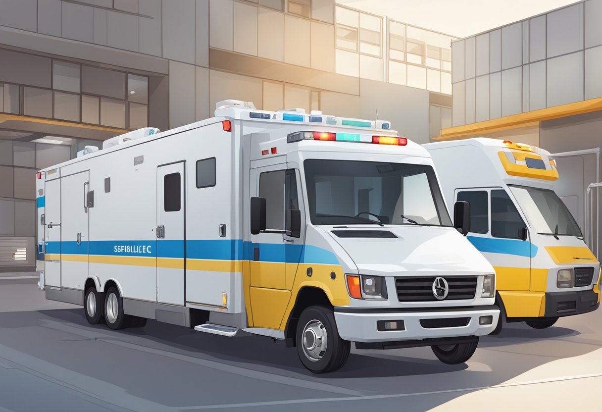 Uma ambulância de UTI móvel totalmente equipada estacionada em uma instalação comercial, com equipe operacional e de manutenção realizando verificações de rotina e reabastecendo suprimentos.