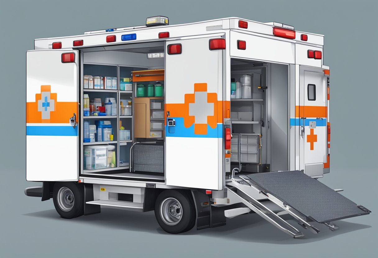 Uma ambulância equipada com suprimentos e equipamentos médicos, estacionada em uma área designada, com sinalização clara indicando seu propósito.