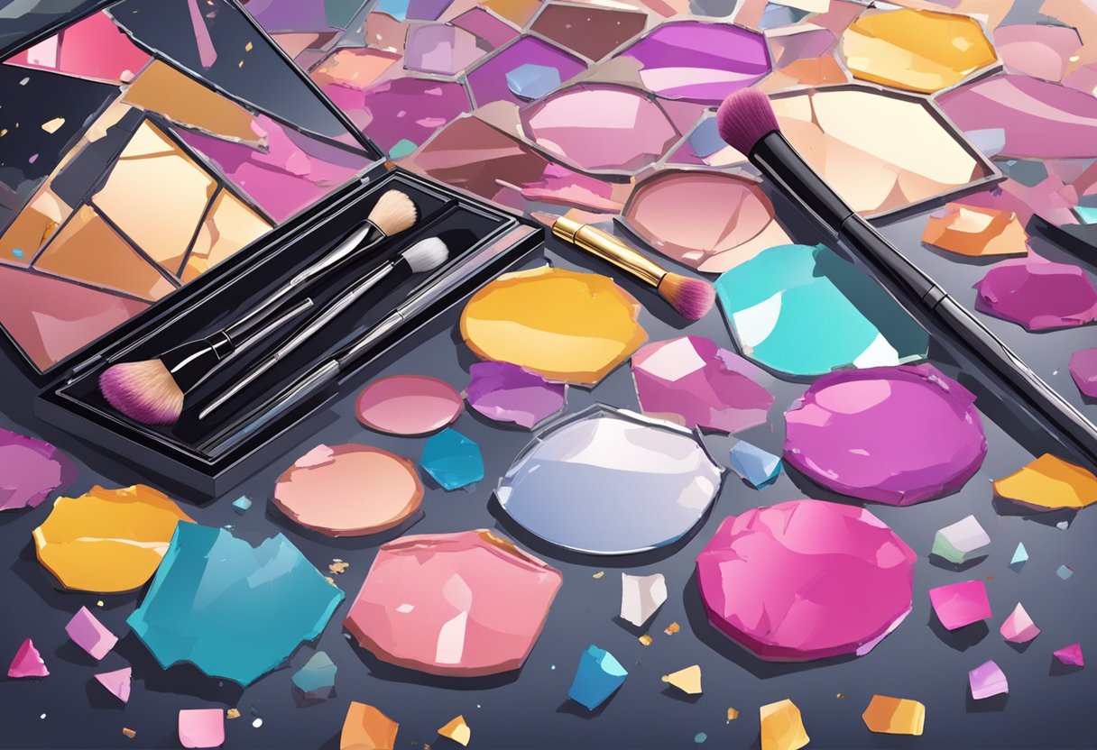 A shattered makeup palette lays on the floor, surrounded by broken mirrors and spilled glitter