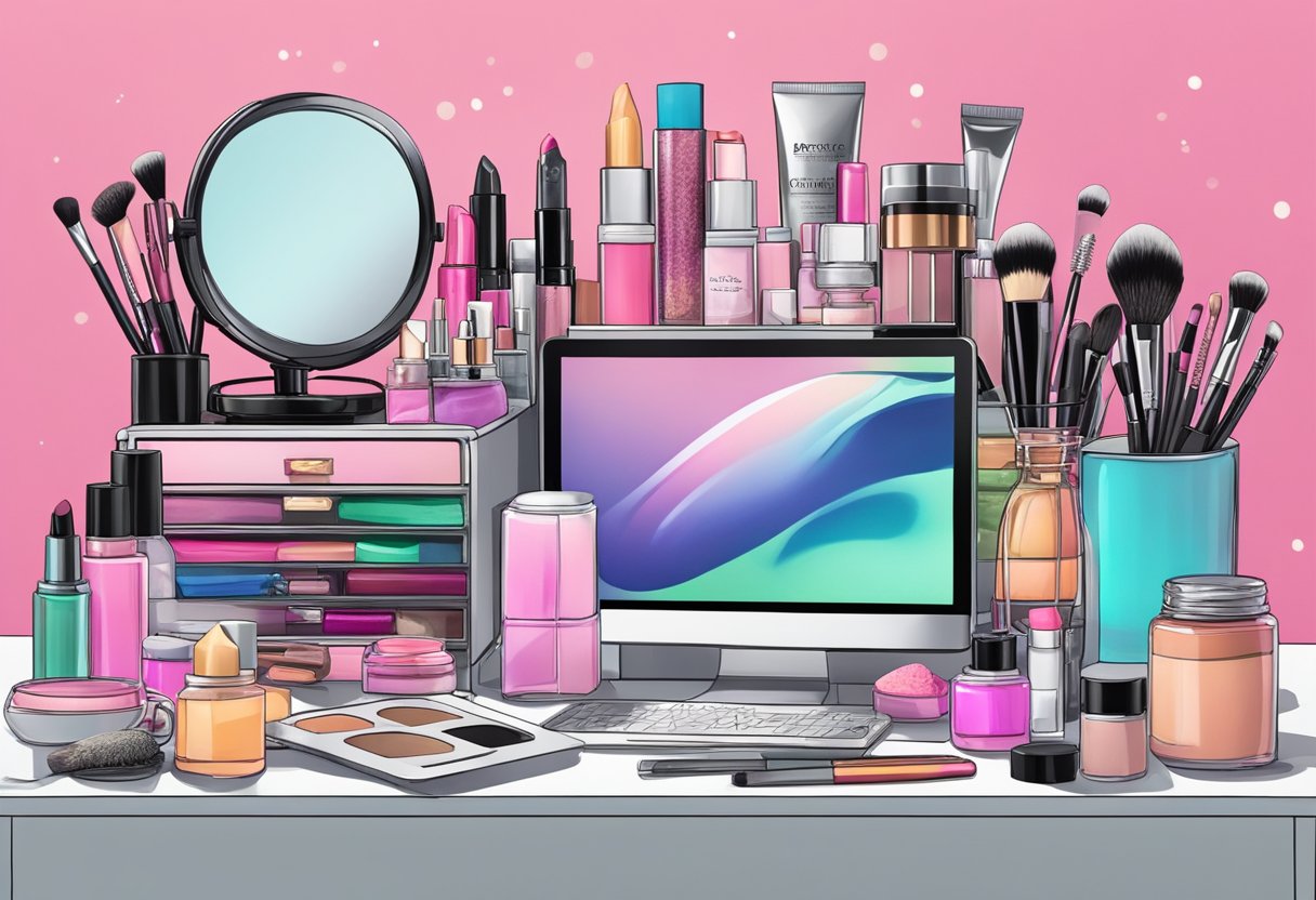 A cluttered makeup vanity with scattered beauty products and a laptop open to news articles about Jeffree Star