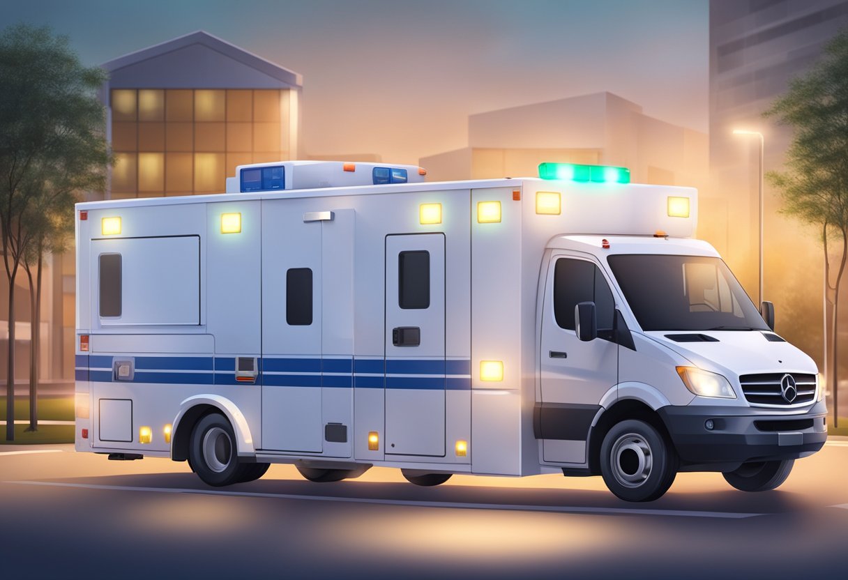 Valor ambulância UTI móvel completa: Saiba tudo nesse artigo 5 Uma ambulância de UTI móvel totalmente equipada estacionada do lado de fora de um hospital, com suas luzes piscando e equipamentos médicos visíveis através das janelas.