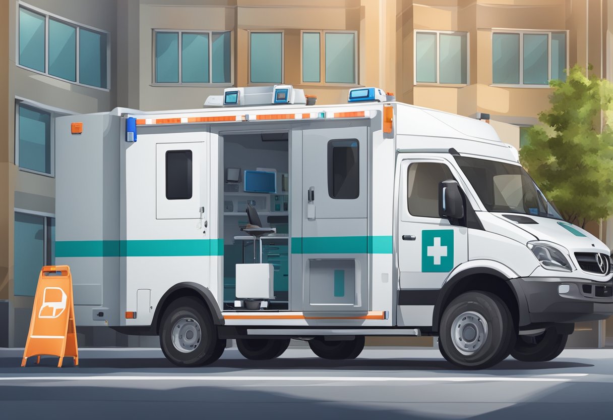 Valor ambulância UTI móvel completa: Saiba tudo nesse artigo 6 Uma ambulância de UTI móvel totalmente equipada estacionada do lado de fora de um hospital, com todo o equipamento médico necessário visível através das janelas.