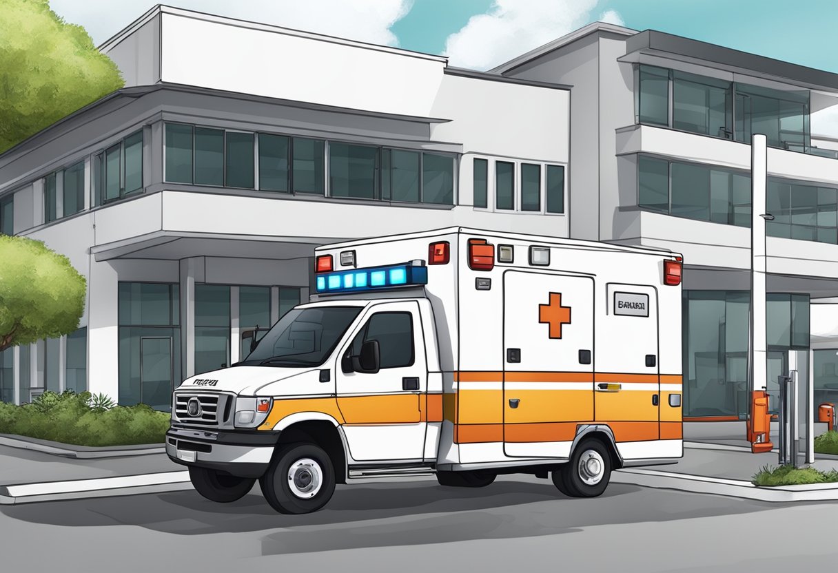 Uma ambulância estacionada do lado de fora de uma unidade médica em Piraquara, com equipamentos médicos e funcionários visíveis.