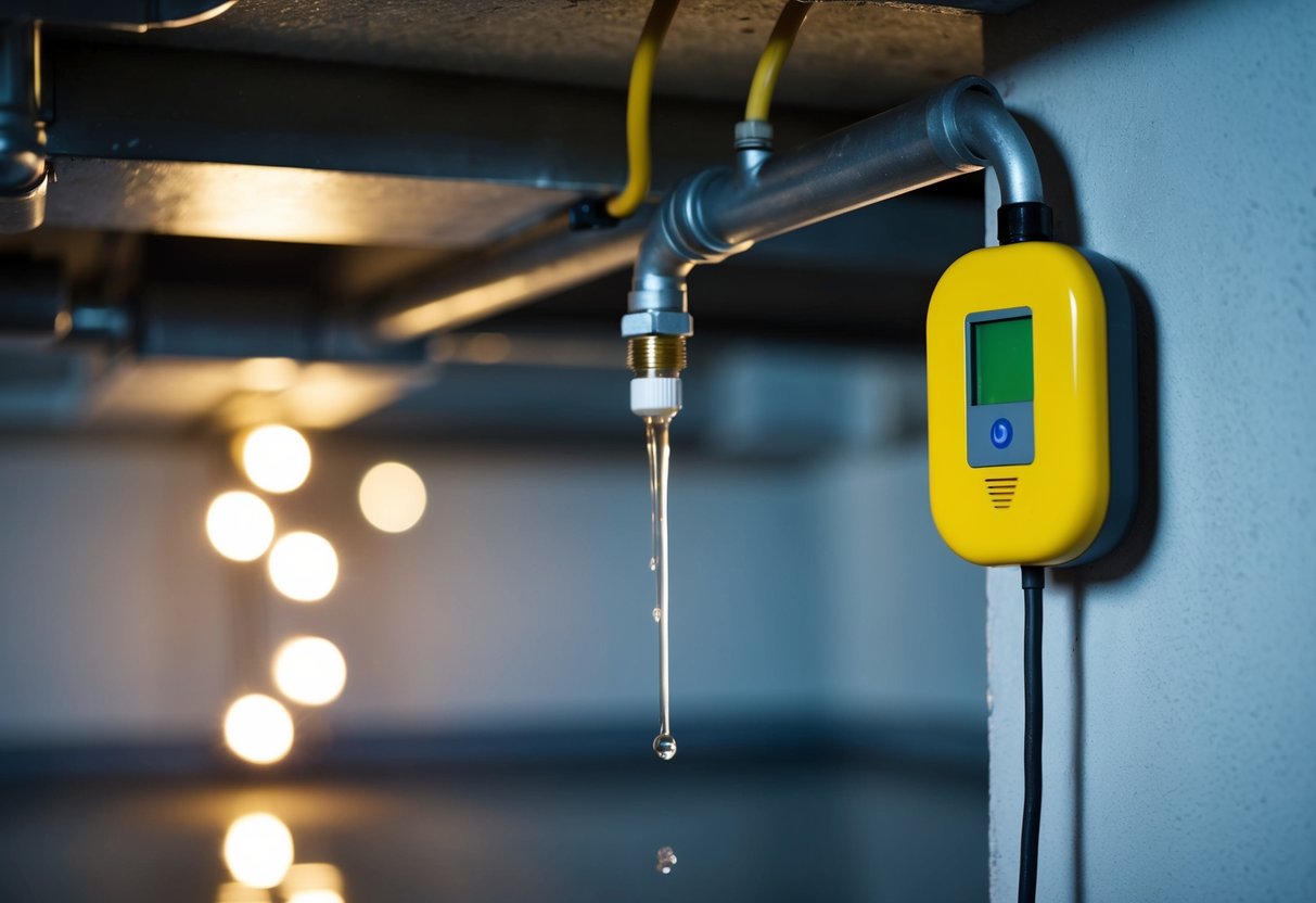 A pipe leaking detector beeping near a dripping pipe in a dimly lit basement