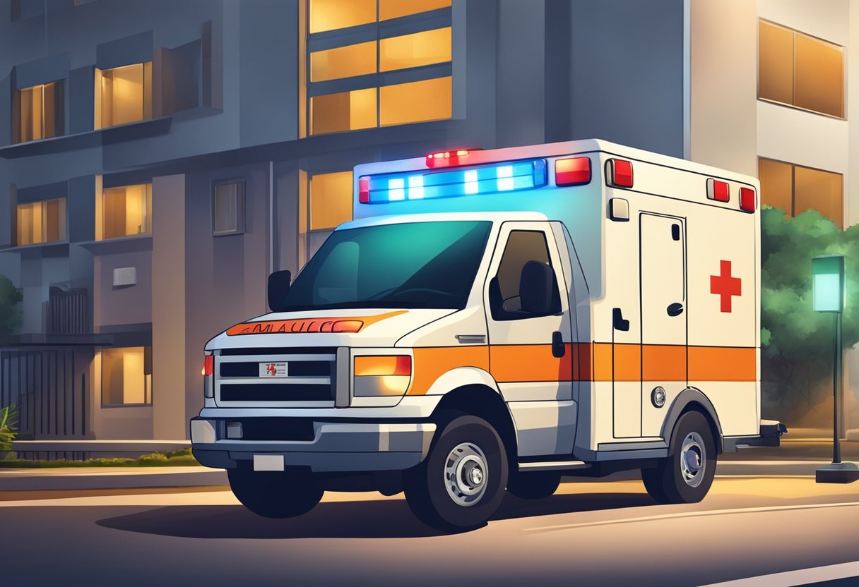 Uma ambulância estacionada do lado de fora de um prédio em Piraquara, com luzes de emergência piscando e equipamentos médicos visíveis através das janelas.