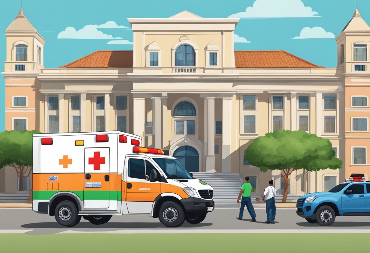 Uma ambulância estacionou em frente à Prefeitura de Piraquara, com trabalhadores da cidade descarregando suprimentos.