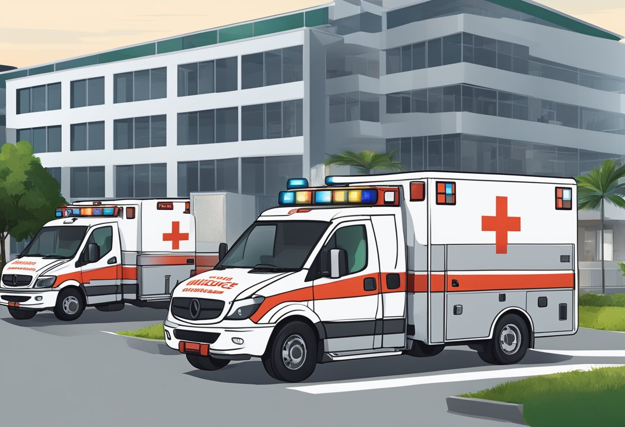 Uma ambulância estacionada do lado de fora de uma unidade de saúde em Piraquara, com equipe médica e veículos indicando parceria e expansão de serviços.