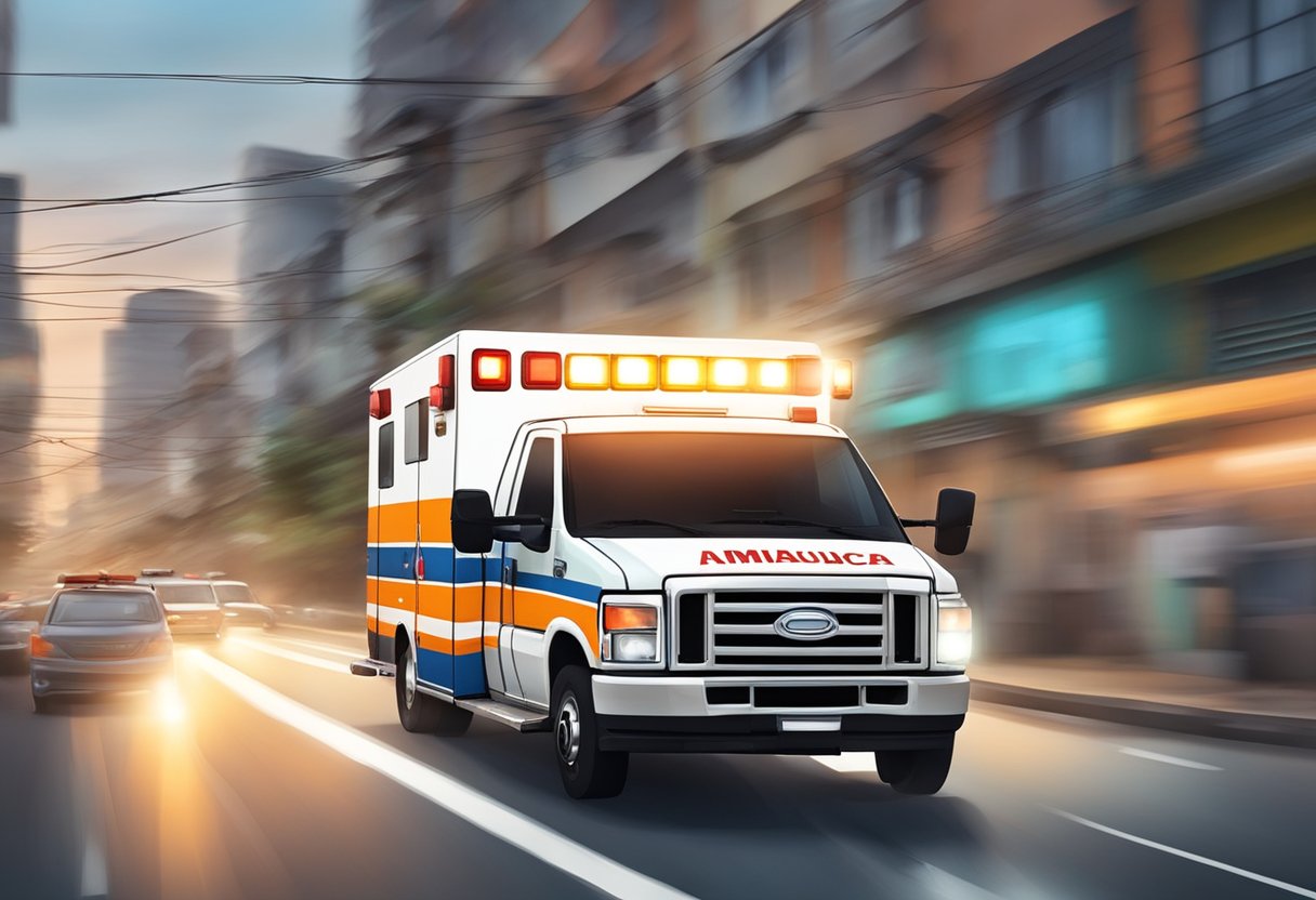 Uma ambulância acelera pelas ruas de Piraquara, com suas luzes piscando e a sirene tocando, enquanto manobra pelo trânsito para alcançar a rede de saúde.