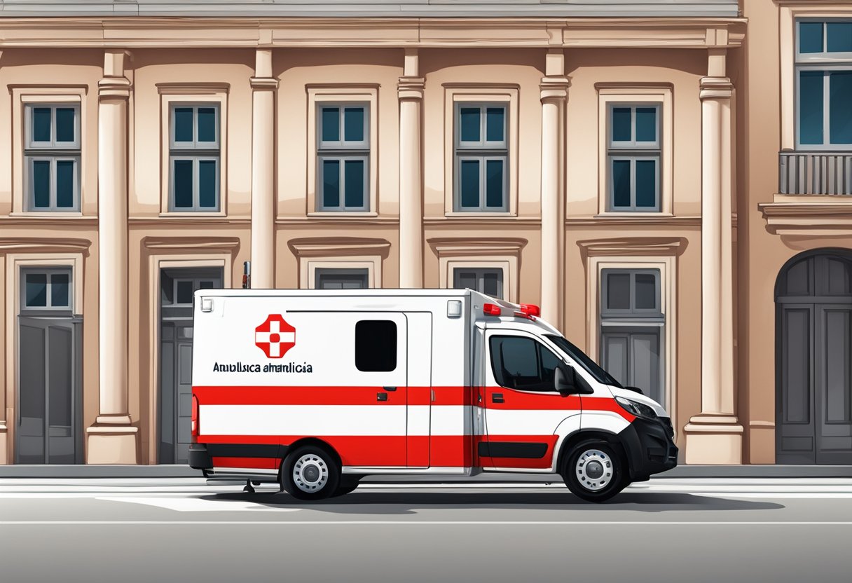 Uma ambulância vermelha e branca estacionada do lado de fora de um prédio com um destacado logo "Serviços Especiais de Ambulância" na lateral